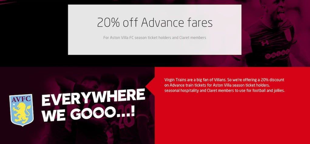 Virgin train discount Aston Villa season ticket holders