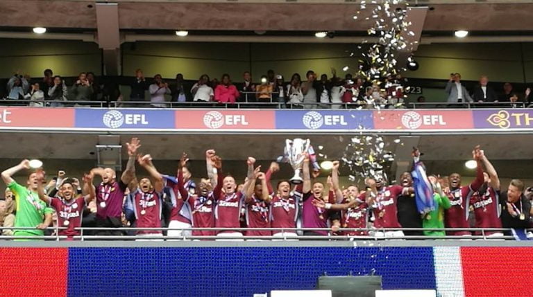 Aston Villa lift play-off trophy wembley
